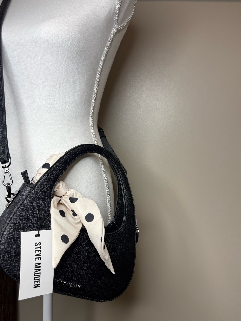Steve Madden Black Crescent Mini Bag with Polka Dot Scarf - Picture 7 of 7